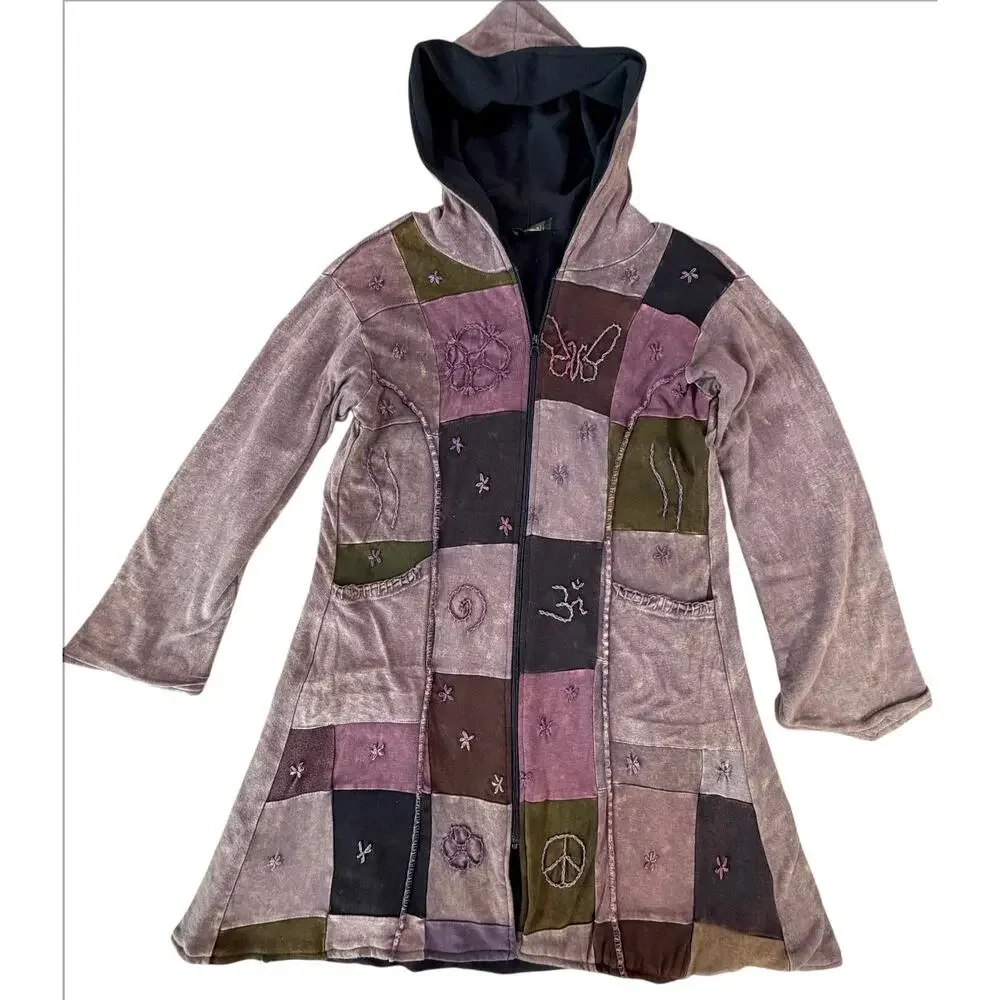 VTG Kathmandu Imports Boho Fairy Grunge Artsy Patchwork Zip Jacket Tunic Dress L - Picture 2 of 16